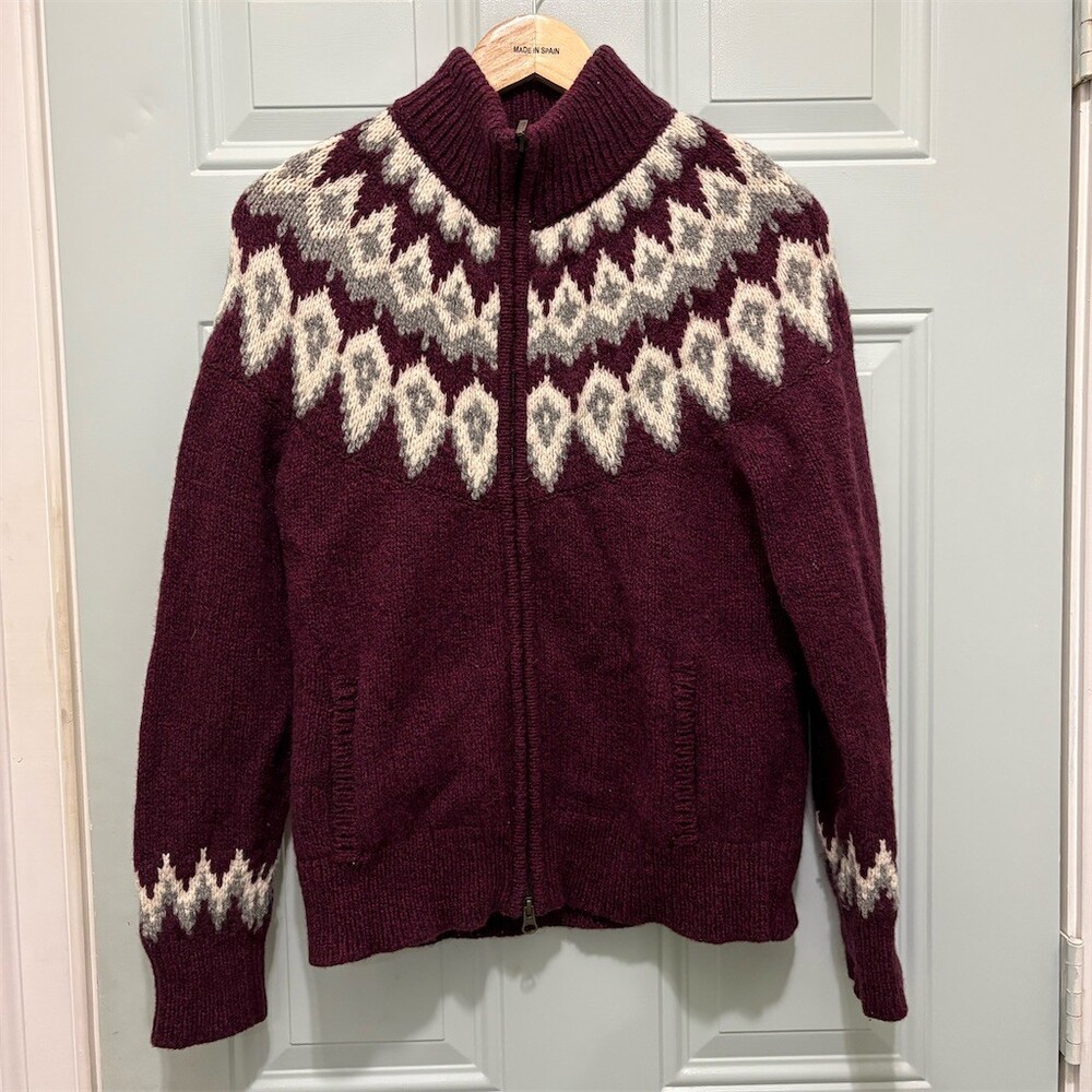 L.L.Bean Cardigan Sweater Womens M Burgundy Fair Isle Nordic Full Zip Knit - Picture 1 of 11